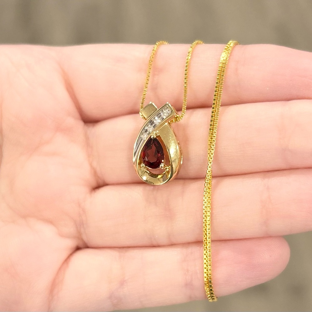 14K Garnet Diamond 0.75 Carat regal red teardrop white yellow gold pendant - Picture 7 of 12